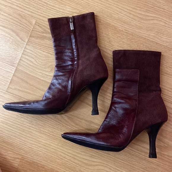 Leather and Corduroy Wine Heeled Boots - Picture 2 of 4